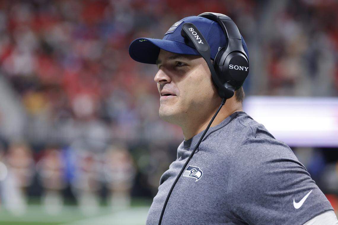 Head coach Mike MacDonald of the Seattle Seahawks reacts after an interception during the fourth quarter against the Atlanta Falcons at Mercedes-Benz Stadium on Dec. 7, 2025 in Atlanta.