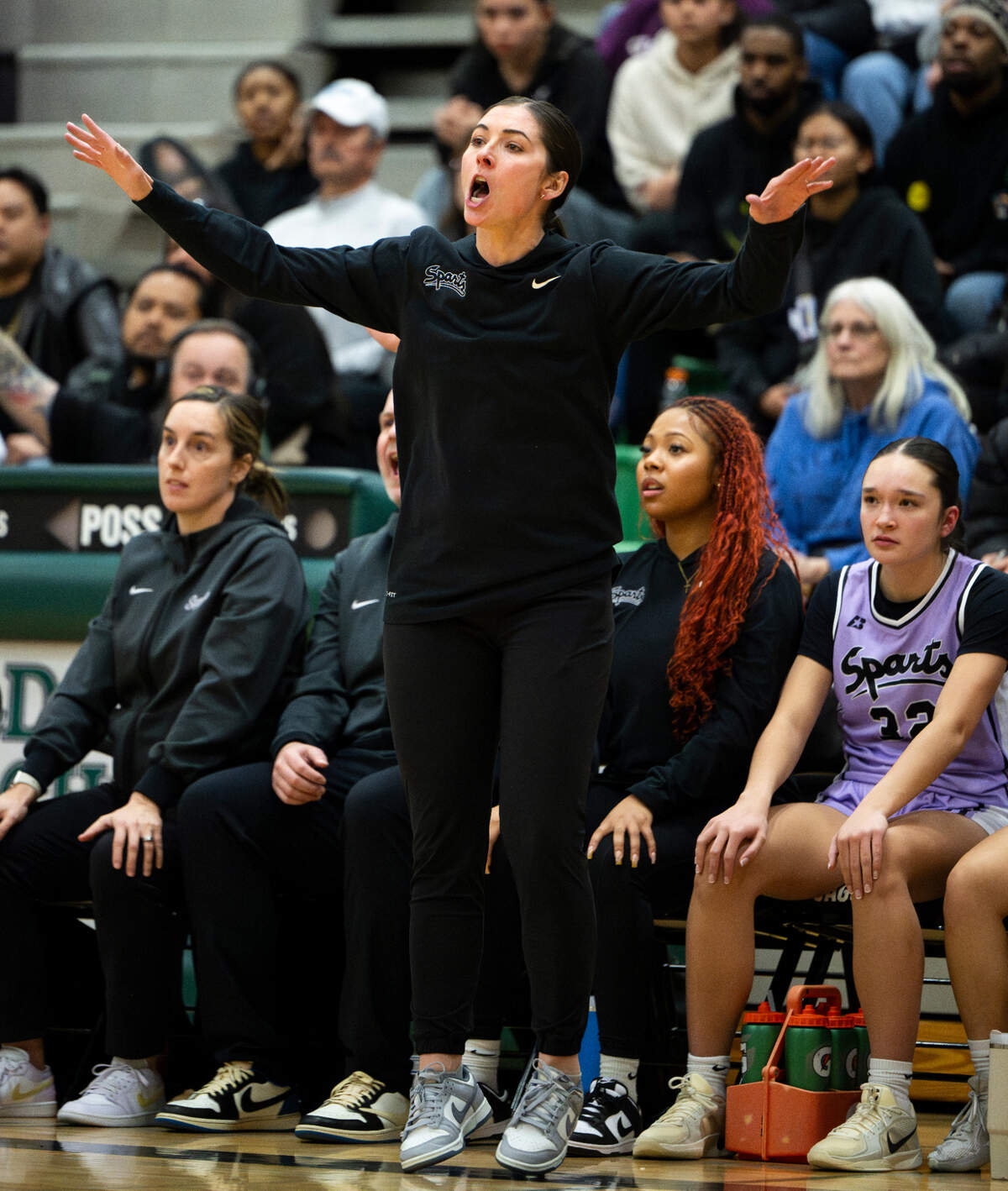 Sumner head coach Katie Hyppa reacts during the second half of of the girls basketball game between Emerald Ridge and Sumner at Emerald Ridge High School, on Thursday, Jan. 30, 2025, in Puyallup, Wash.
