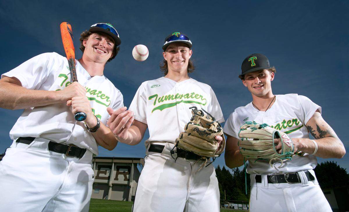 Tumwater baseball infielder Eddie Marson, pitcher Liam Karlson and pither/infielder Derek Thompson are leading the two-time defending state champion T-Birds back into the state tournament. The trio are photographed at Tumwater High School in Tumwater, Washington, on Wednesday, May 15, 2024.
