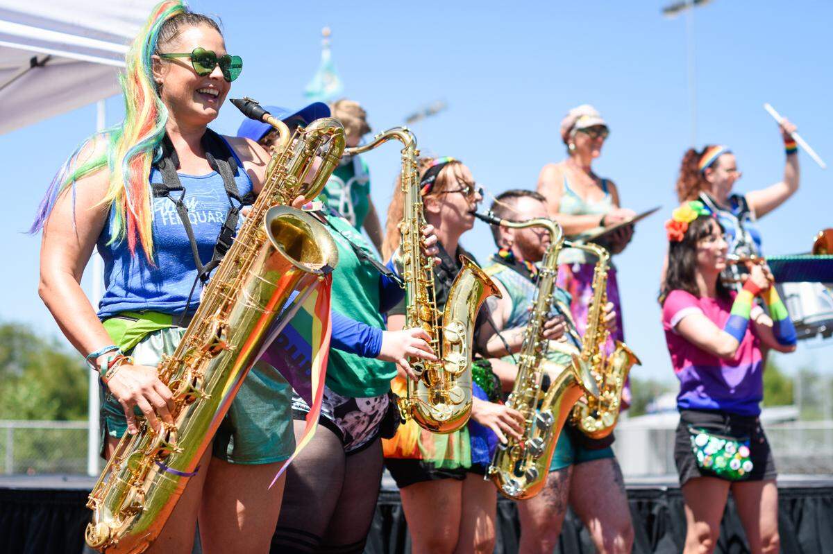 The Filthy FemCorps band plays Billie Eilish’s “Bad Guy” at The Puyallup Tribe of Indians’ third annual Pride Celebration Sunday, July 25, at Chief Leschi Schools in Tacoma. “It really brings the community together and lets them know this is a safe place to be. I hope to see other tribes follow the lead and example that the Puyallup Tribe has set,” said Tribal Council Member Annette Bryan.