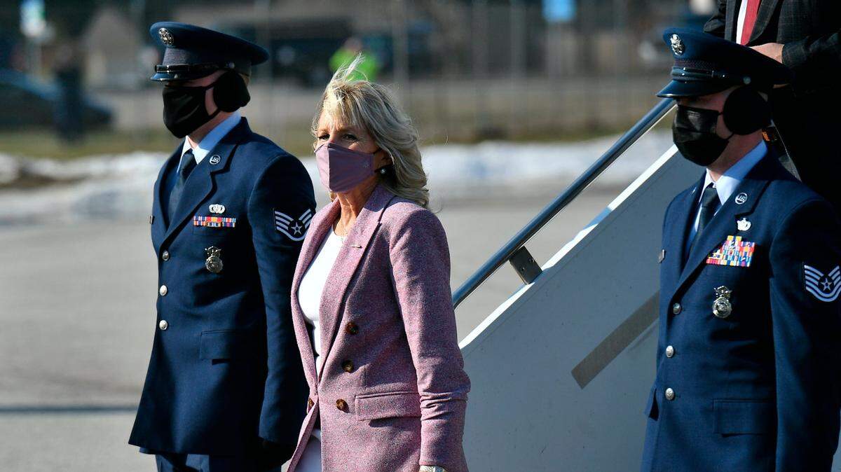 First lady Jill Biden arrives at Erie International Airport in Erie, Pa., Wednesday, March 3, 2021. She will visit Washington state military bases Tuesday.