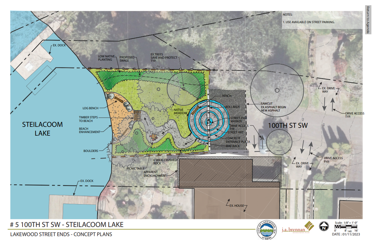 A conceptual design shows possible improvements that could be made to an overgrown street end on Steilacoom Lake at the end of 100th Street Southwest, west of Dekoven Drive. The design incudes an enhanced beach with limber logs, picnic table, path, street markers and native meadow.
