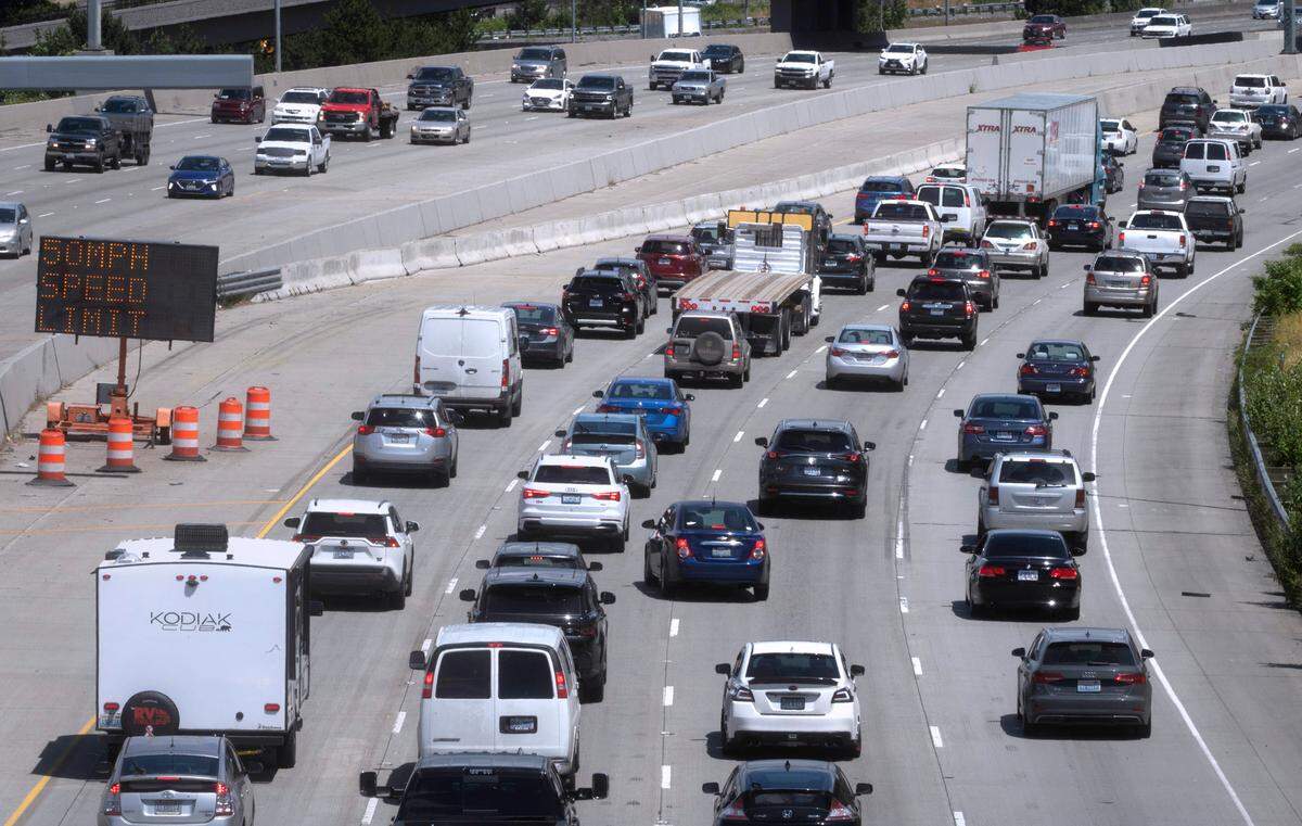 Northbound traffic makes its usual backup through the construction zone on Interstate 5 through Tacoma, Washington on Thursday, June 16, 2022.