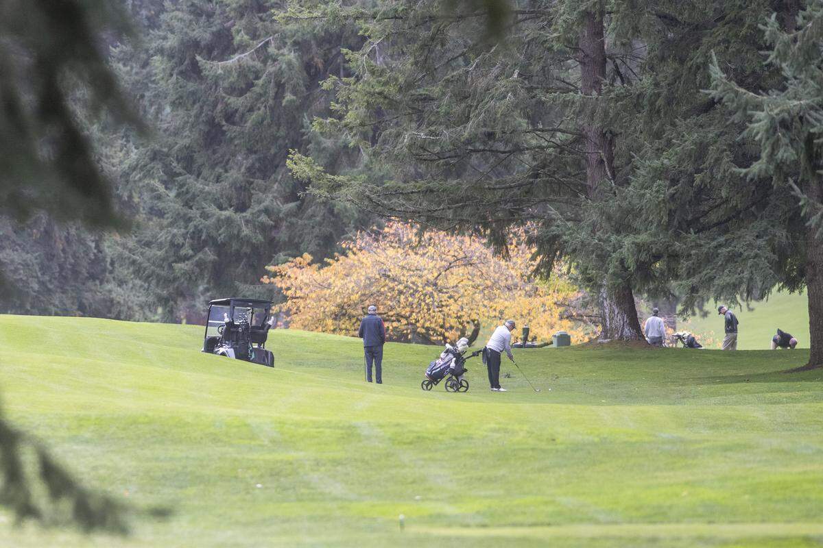 People play golf at Fircrest Golf Club on Friday, Nov. 7, 2025, in Fircrest, Wash.