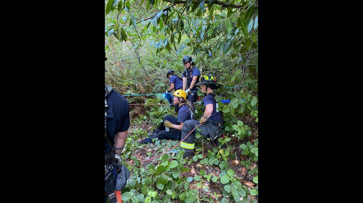 A technical rescue team from the Tacoma Fire Department works to rescue four people trapped by the high tide at Dalco Passage Viewpoint Tuesday, July 22, 2025.