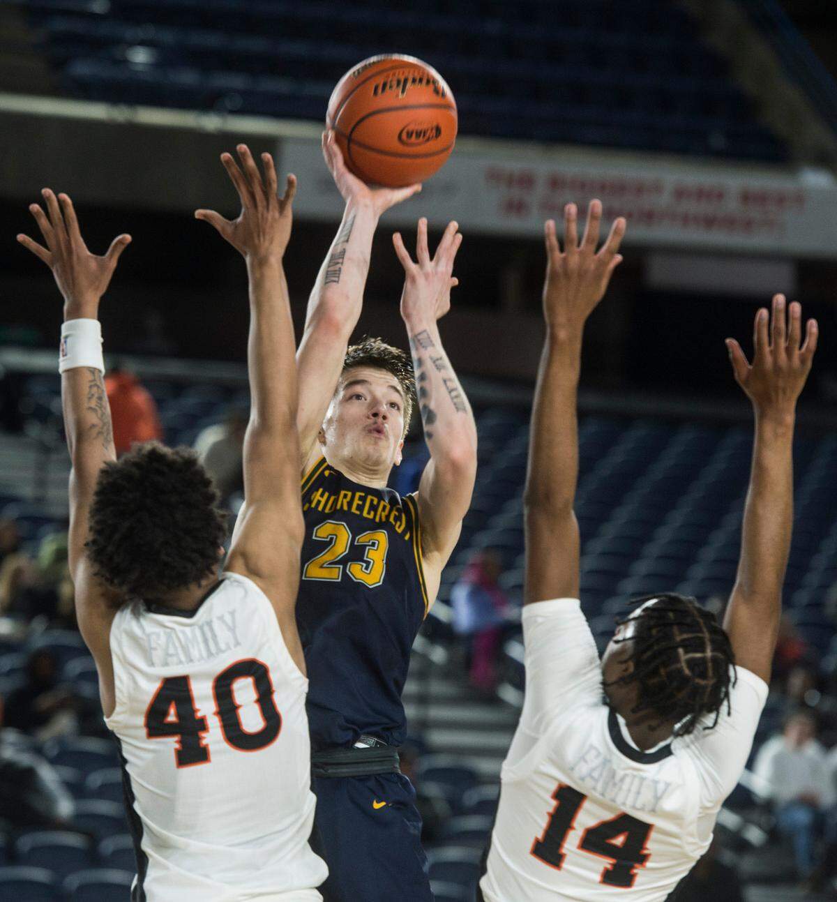 Shorecrest forward Parker Baumann (23) puts up a shot in the fourth quarter against Rainier Beach in the opening round of the Class 3A boys state basketball tournament on Wednesday, March 1, 2023 at the Tacoma Dome in Tacoma, Wash.