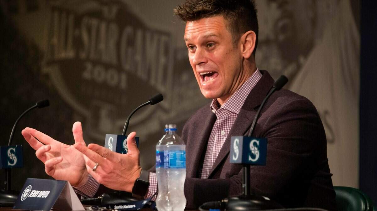 Seattle Mariners General Manager Jerry Dipoto answers questions during the annual pre-spring training media event, Thursday, Jan. 24, 2019 in Seattle. (Steve Ringman/The Seattle Times via AP)