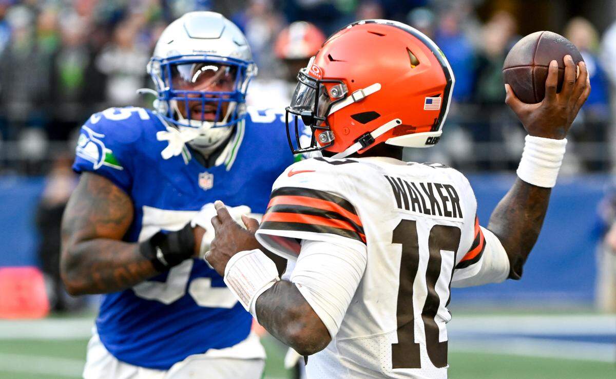 Seattle Seahawks defensive end Dre’Mont Jones (55) pressures Cleveland Browns quarterback PJ Walker (10) during the fourth quarter of the game at Lumen Field, Sunday, Oct. 29, 2023, in Seattle, Wash.