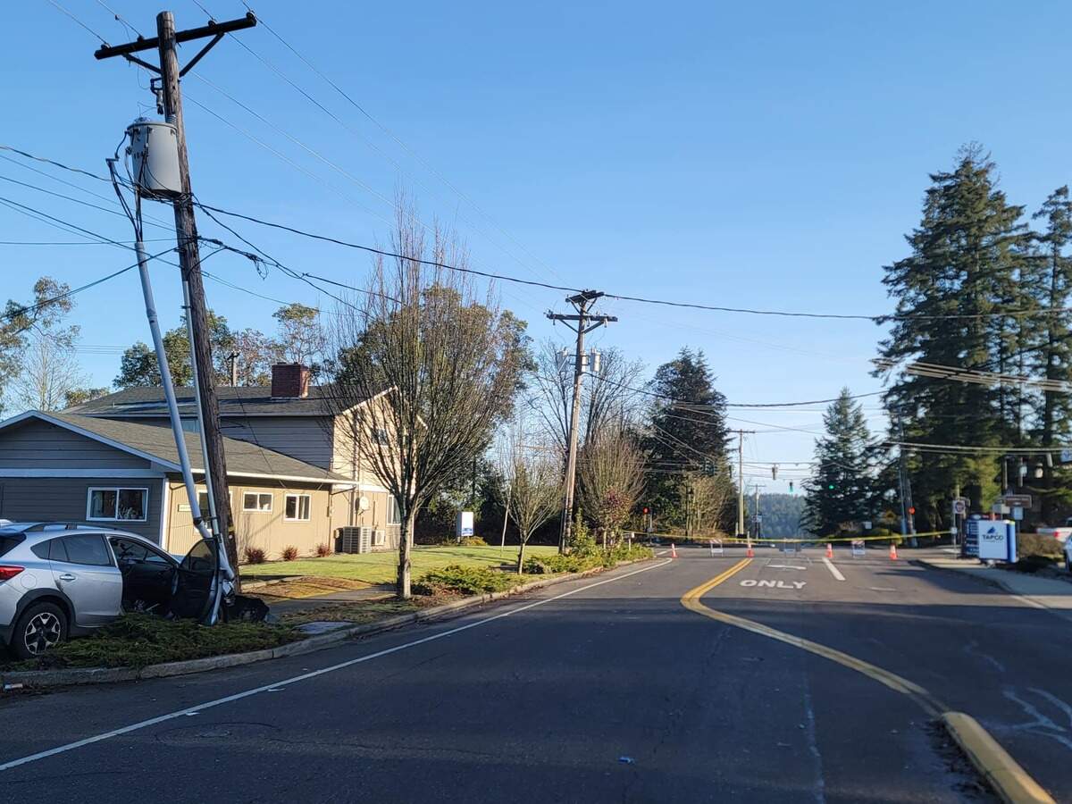Pioneer Way in Gig Harbor has closed after a driver crashed their vehicle into a power pole and transformer on Feb. 26, 2025.