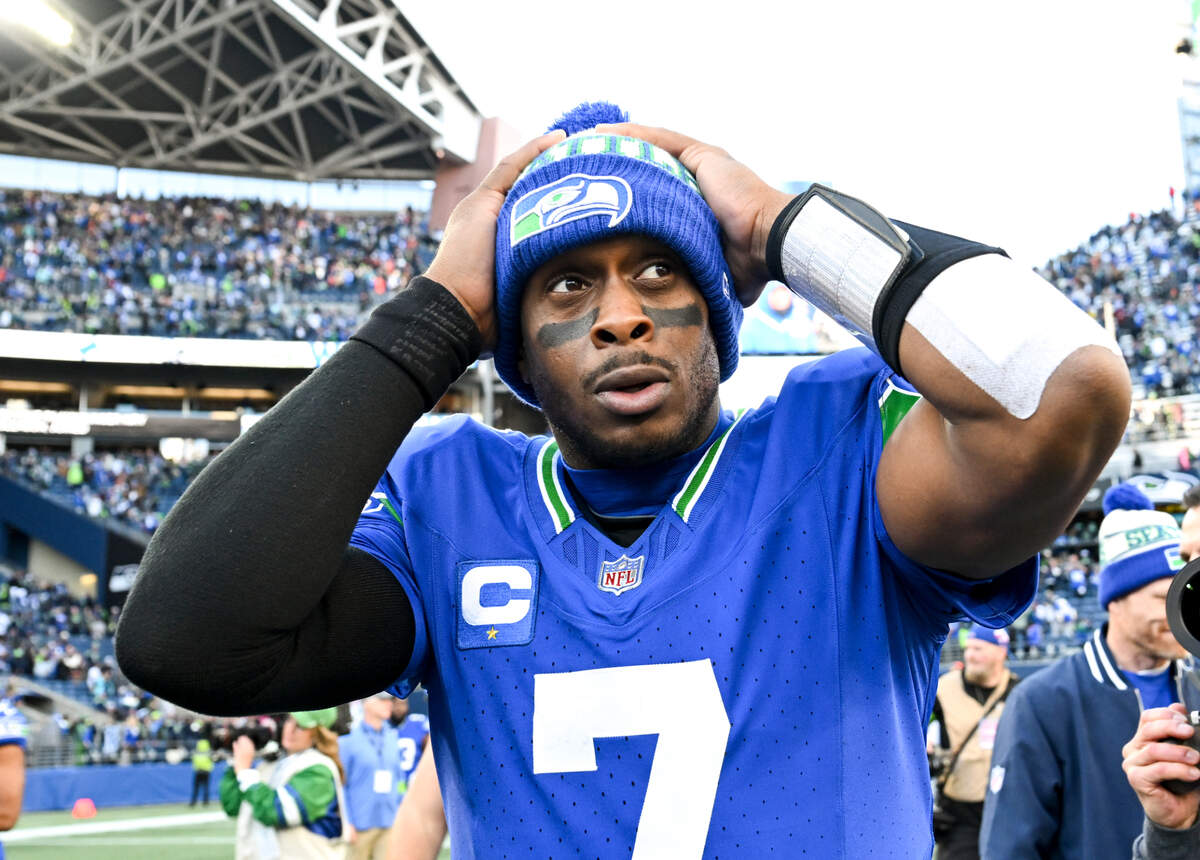 Seattle Seahawks quarterback Geno Smith (7) walks off the field after the Seahawks 24-20 victory at Lumen Field, Sunday, Oct. 29, 2023, in Seattle, Wash.