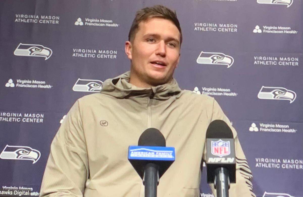 New Seahawks quarterback Drew Lock on a introductory Zoom call from team headquarters in Renton on Monday, March 21, 2022.