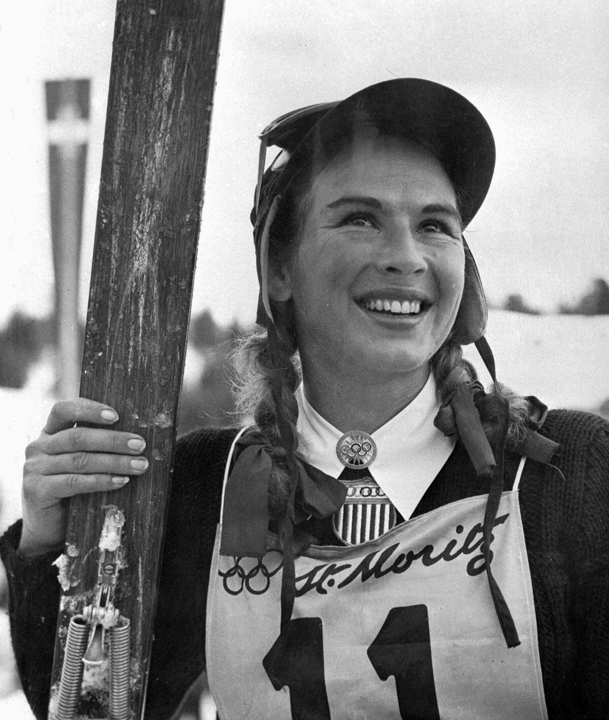Tacoma’s Gretchen Fraser, shown in this Feb. 4, 1948 photo at the Winter Olympics in St. Moritz, Switzerland, after becoming the first American to win a gold medal in alpine skiiing. Fraser died in 1994 in Sun Valley, Idaho at the age of 75. (AP Photo/file)