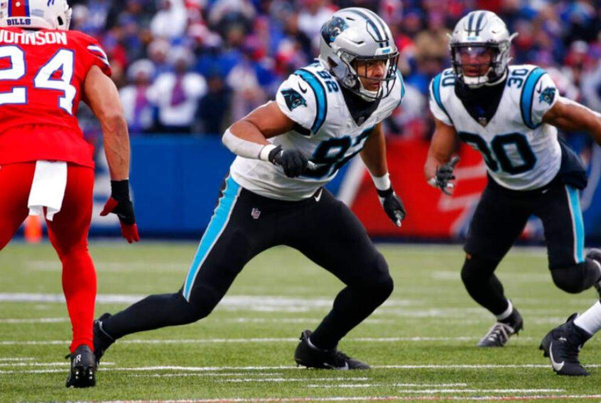 Defensive end Darryl Johnson (92), then with the Carolina Panthers, rushes during the second half of an NFL football game against the Buffalo Bills in Orchard Park, New York, Sunday Dec. 19, 2021. The Seahawks claimed Johnson off waivers Aug. 31, 2022.
