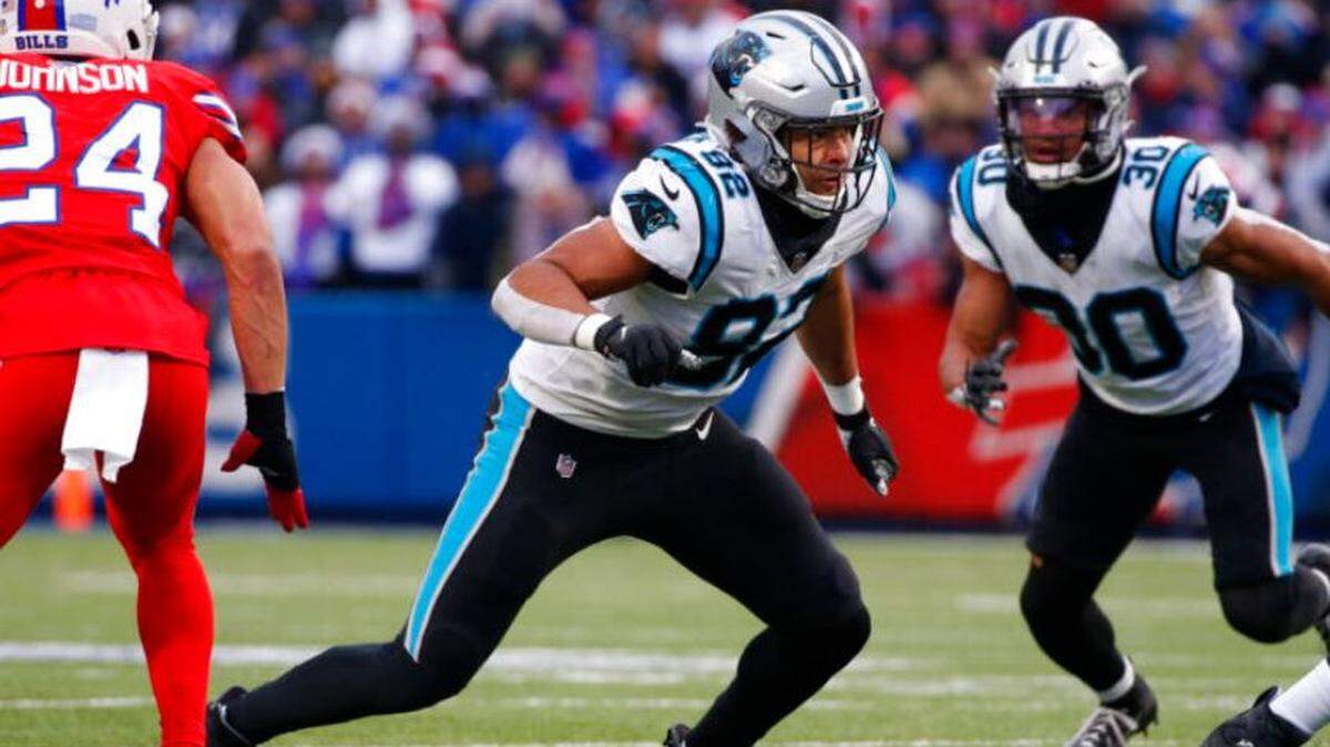 Defensive end Darryl Johnson (92), then with the Carolina Panthers, rushes during the second half of an NFL football game against the Buffalo Bills in Orchard Park, New York, Sunday Dec. 19, 2021. The Seahawks claimed Johnson off waivers Aug. 31, 2022.