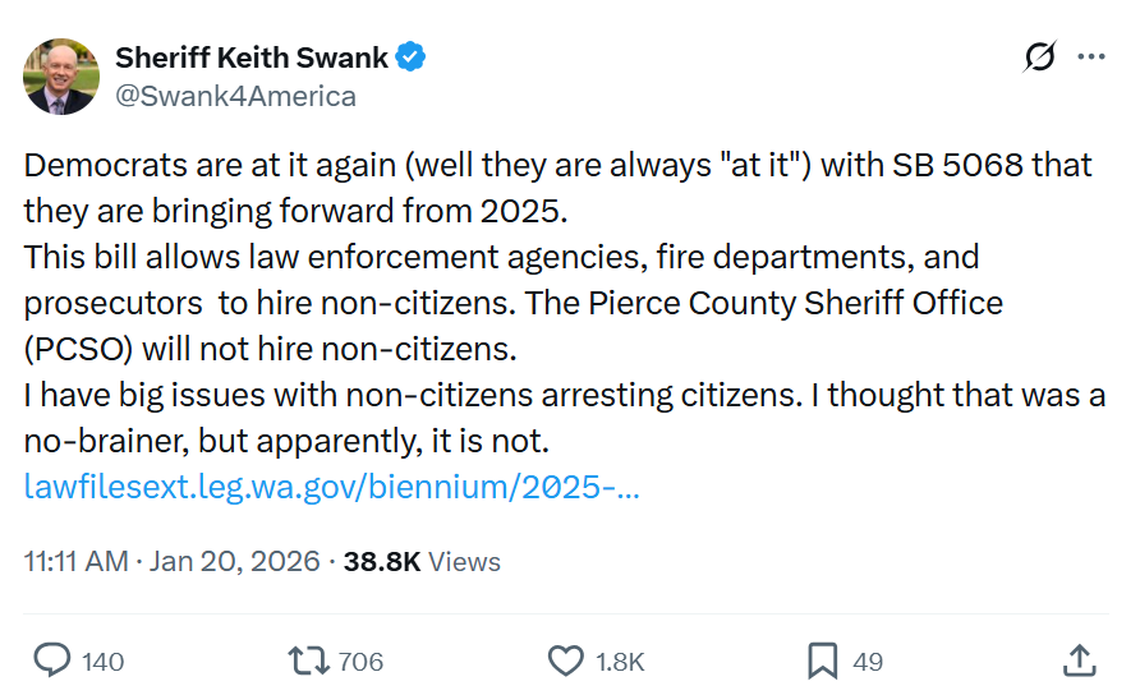 Pierce County prosecutors have asked Sheriff Keith Swank to retract this Jan. 20, 2026 post he made on the website X, telling him his statement violated law and Sheriff’s Office policies.