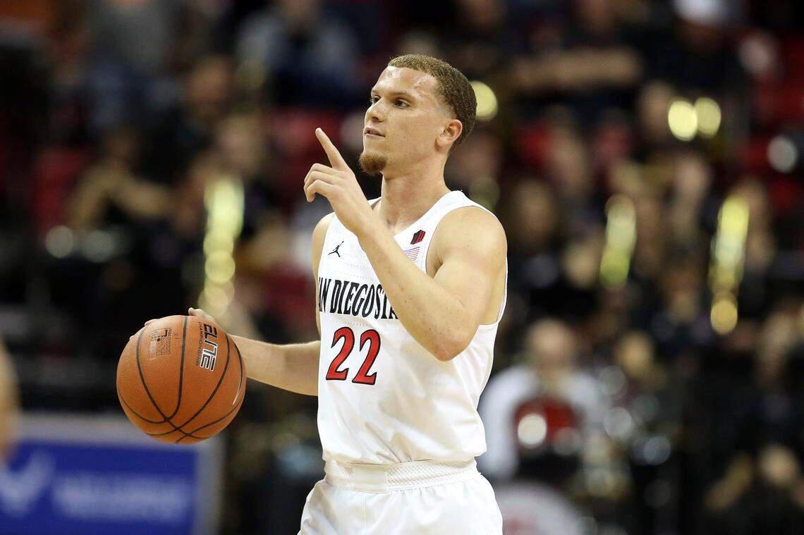 San Diego Malachi Flynn plays against Boise State during the first half of a Mountain West Conference tournament NCAA college basketball game Friday, March 6, 2020, in Las Vegas. (AP Photo/Isaac Brekken)