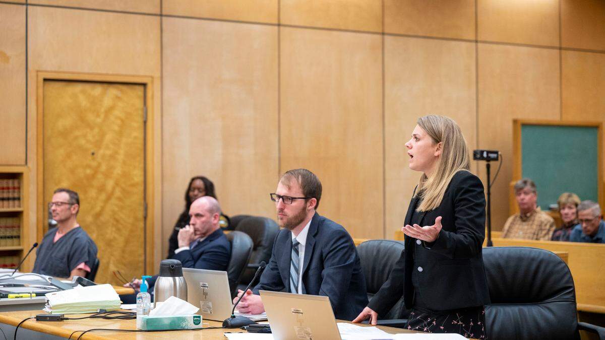 With Ray Owen’s family looking on, Coreen Schnepf, a Pierce County deputy prosecuting attorney, argues the state’s case for an approximately 10-year sentence for Owen (left) during his sentencing hearing on Friday, Oct. 28, 2022, in Pierce County Superior Court in Tacoma, Wash.