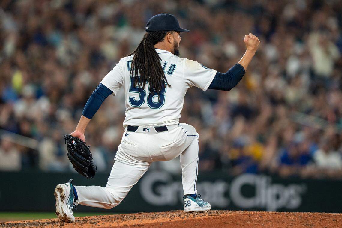 Sep 24, 2025; Seattle, Washington, USA; Seattle Mariners starting pitcher Luis Castillo (58) celebrates after pitching the seventh inning of a game against the Colorado Rockies at T-Mobile Park. Mandatory Credit: Stephen Brashear-Imagn Images