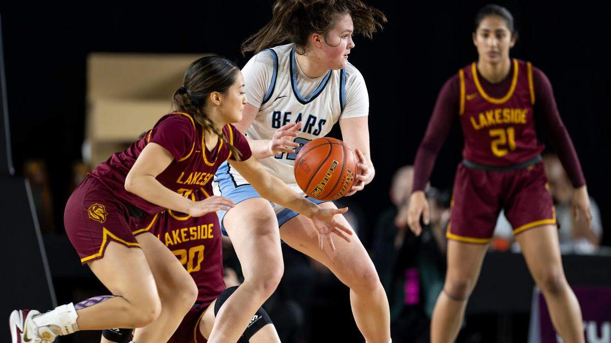 Lakeside guard Sophia David (23) attempts to steal the ball away from Central Valley forward Brynn McGaughy (42) during the third quarter of the Class 3A state championship game at the Tacoma Dome on Saturday, March 8, 2025, in Tacoma, Wash.