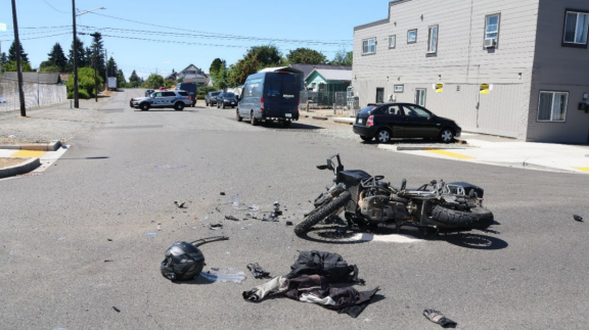 The aftermath of a crash Aug. 3 involving a motorcycle and an Amazon delivery van at the intersection of East McKinley Avenue and East 37th Street in Tacoma. Robert Barra, a 43-year-old motorcyclist, was killed.