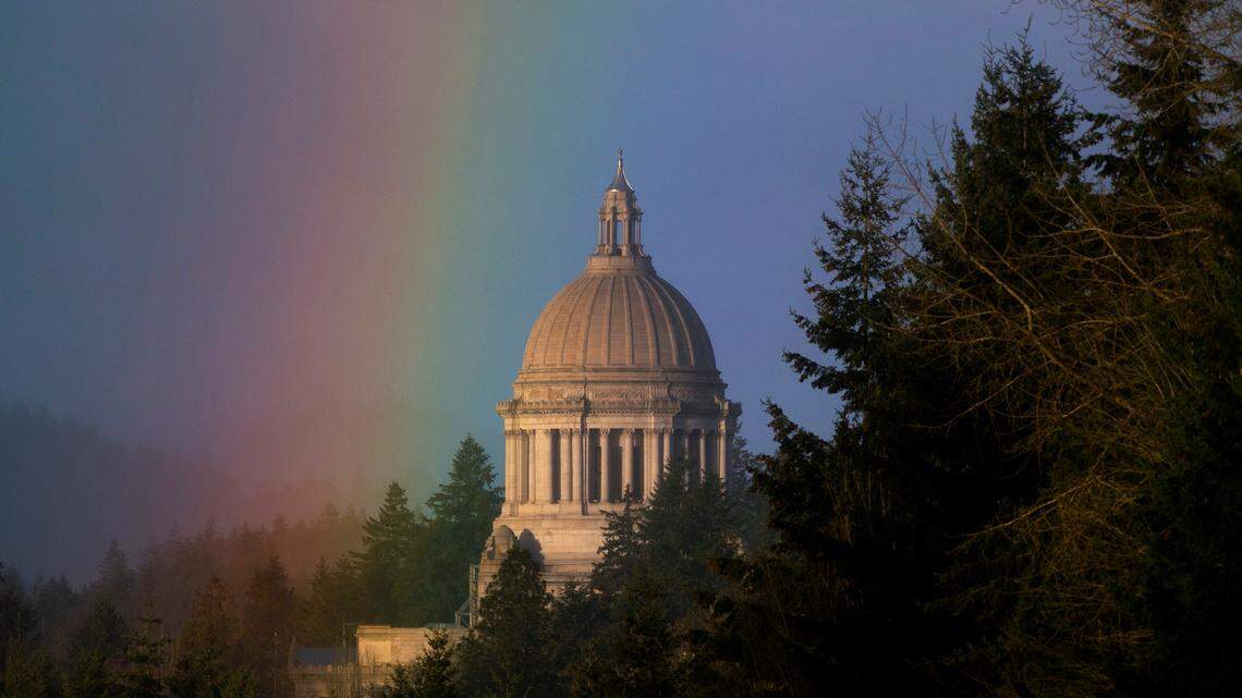 A rainbow shines over the Capitol in Olympia during a break in the rain on Jan. 13.