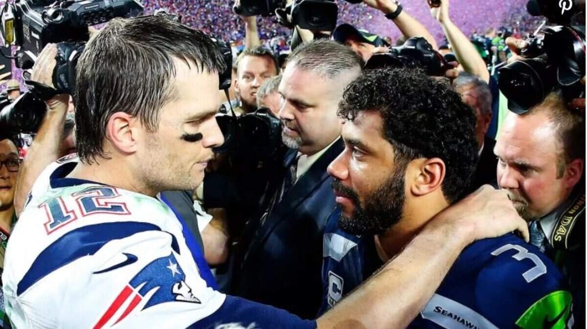 Tom Brady and Russell Wilson after the Patriots beat the Seahawks in Super Bowl 49 on Feb. 1, 2015, in Glendale, Arizona.