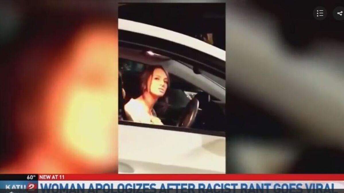 In this screen capture from KATU News, Sierra Measelle of Beaverton is filmed saying racist things to Selina Cairel in Portland. Measelle later apologized for her comments.