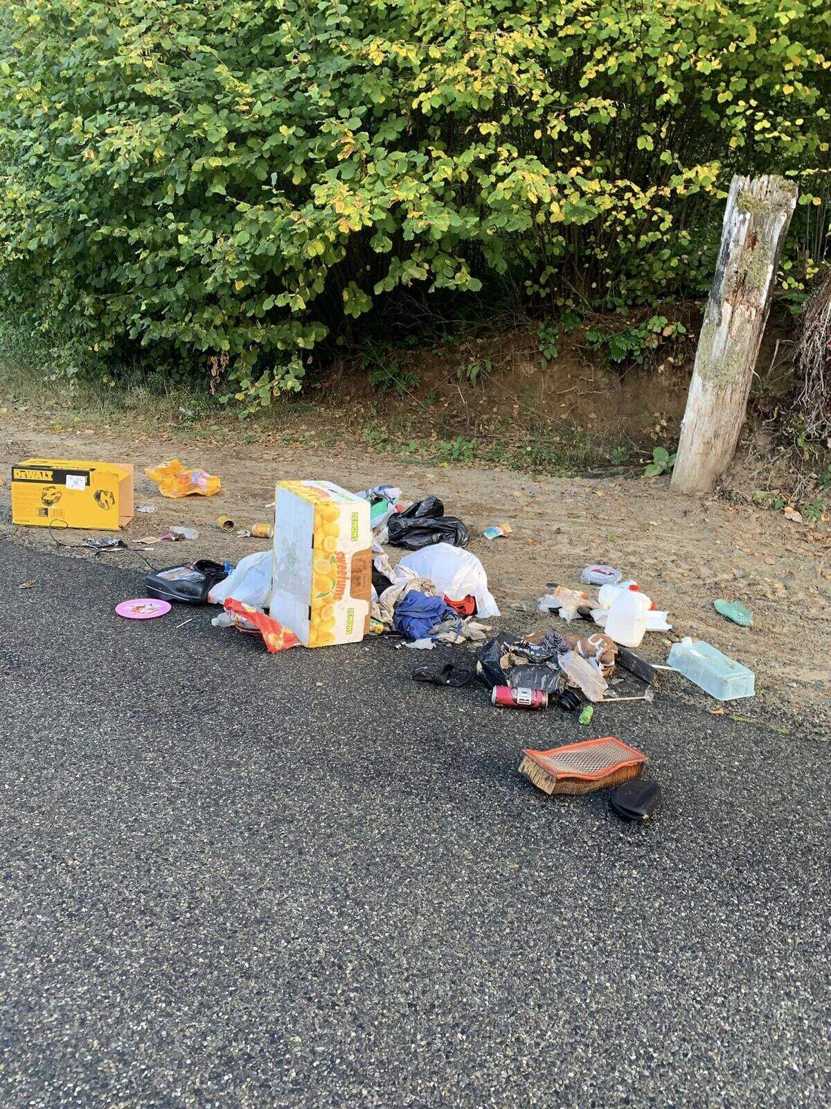 A Key Peninsula driver found a large load of garbage dumped near 144th Street and 180th Avenue. It blocked both lanes of travel until a public works employee with Pierce County cleaned it up.