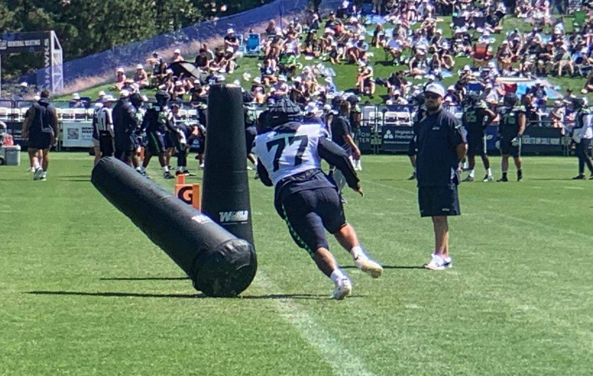 Defensive tackle Matt Gotel, a Tacoma native from Lakes High School and the University of West Florida, runs through line drills at the eighth practice of Seahawks training camp at the Virginia Mason Athletic Center in Renton Aug. 1, 2024.