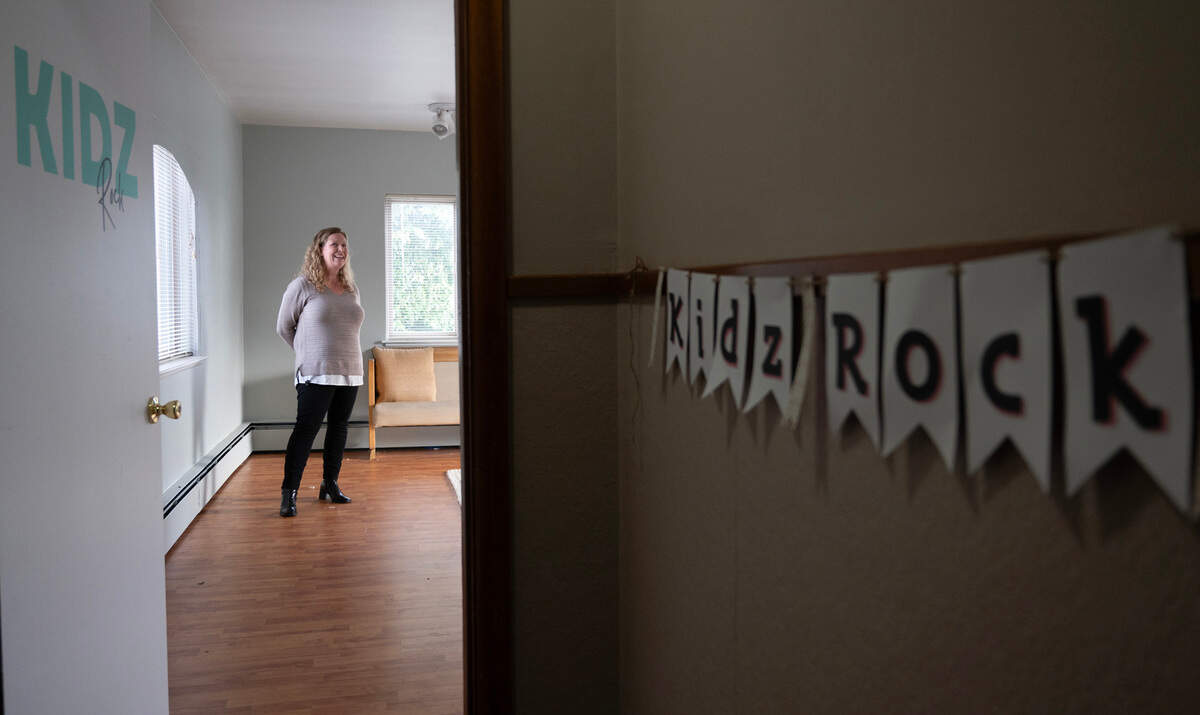 Julie Cain of Warner Street Amici House LLC gives a tour of the former Peace Assembly Church in Tacoma, Washington, on Thursday, Feb. 1, 2023. Amici House plans to transform the building into affordable young-adult community housing.