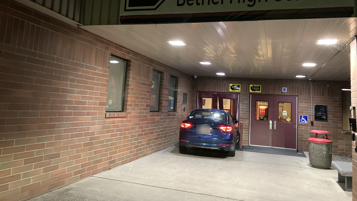 A Hyundai sedan crashed into the front doors and fence of Bethel High School on Oct. 1. Pierce County deputies have not identified a suspect.