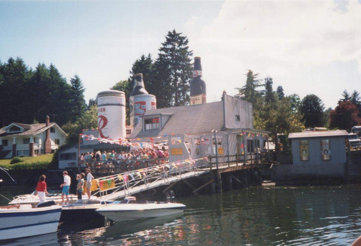 A view of Tides Tavern in Gig Harbor from the water during an anniversary celebration in the 1990s.