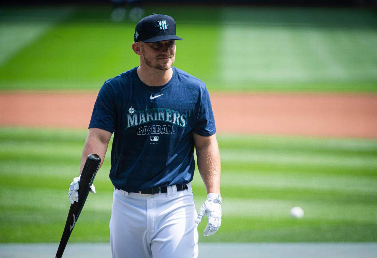 Mariners third baseman Kyle Seager smiles after a batting practice run during the Seattle Mariners Spring Training at T-Mobile Park in Seattle, Wash., on Friday, July 3, 2020.