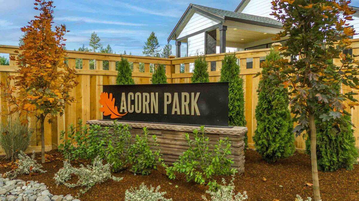 Acorn Park’s neighborhood sign. The new Spanaway-area neighborhood is set to have 17 homes when completed.