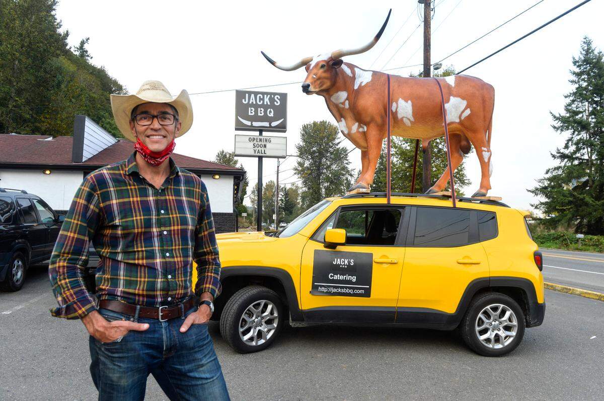 Owner Jack Timmons outside his Algona restaurant in 2020. Jack’s BBQ in Lakewood is the fifth full-service outpost for the Central Texas native and former tech engineer.