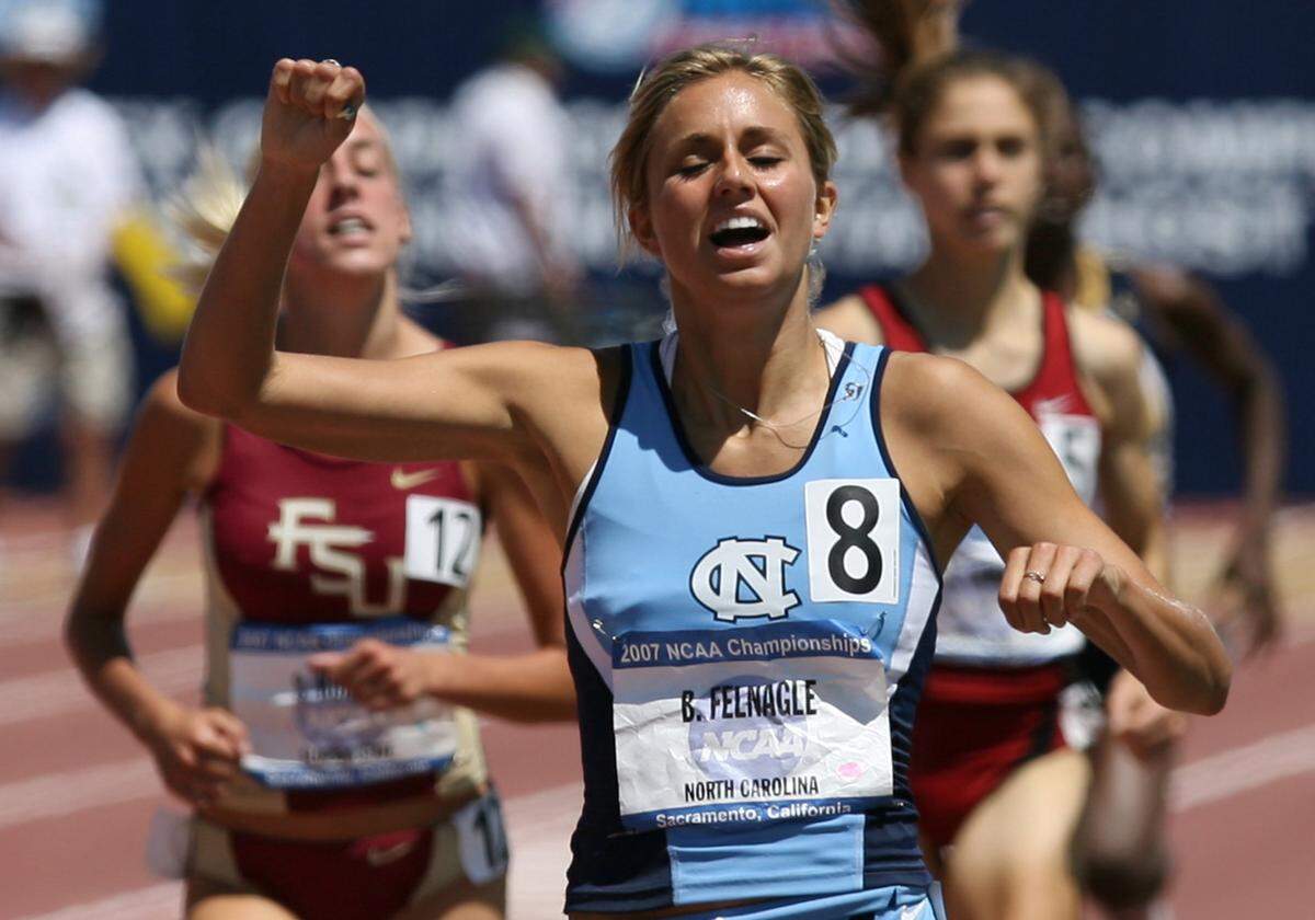 North Carolina’s Brie Felnagle celebrates her win in the 1,500 meters at the NCAA Divsion I Track and Field Championships in Sacramento, Calif., on Saturday, June 9, 2007.(AP Photo/Steve Yeater)