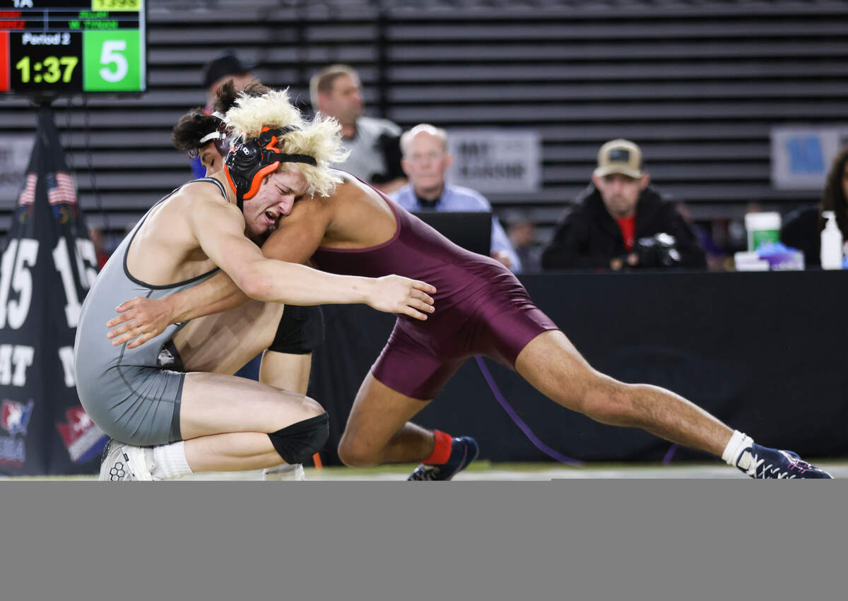 Toppenish’s Marcos Torrez, right, wrestles Zillah’s Wade Tynan in the Class 1A boys 138-pound state championship match Saturday, Feb. 18, 2023, at the Tacoma Dome in Tacoma, Wash. Torrez won the match 22-10.