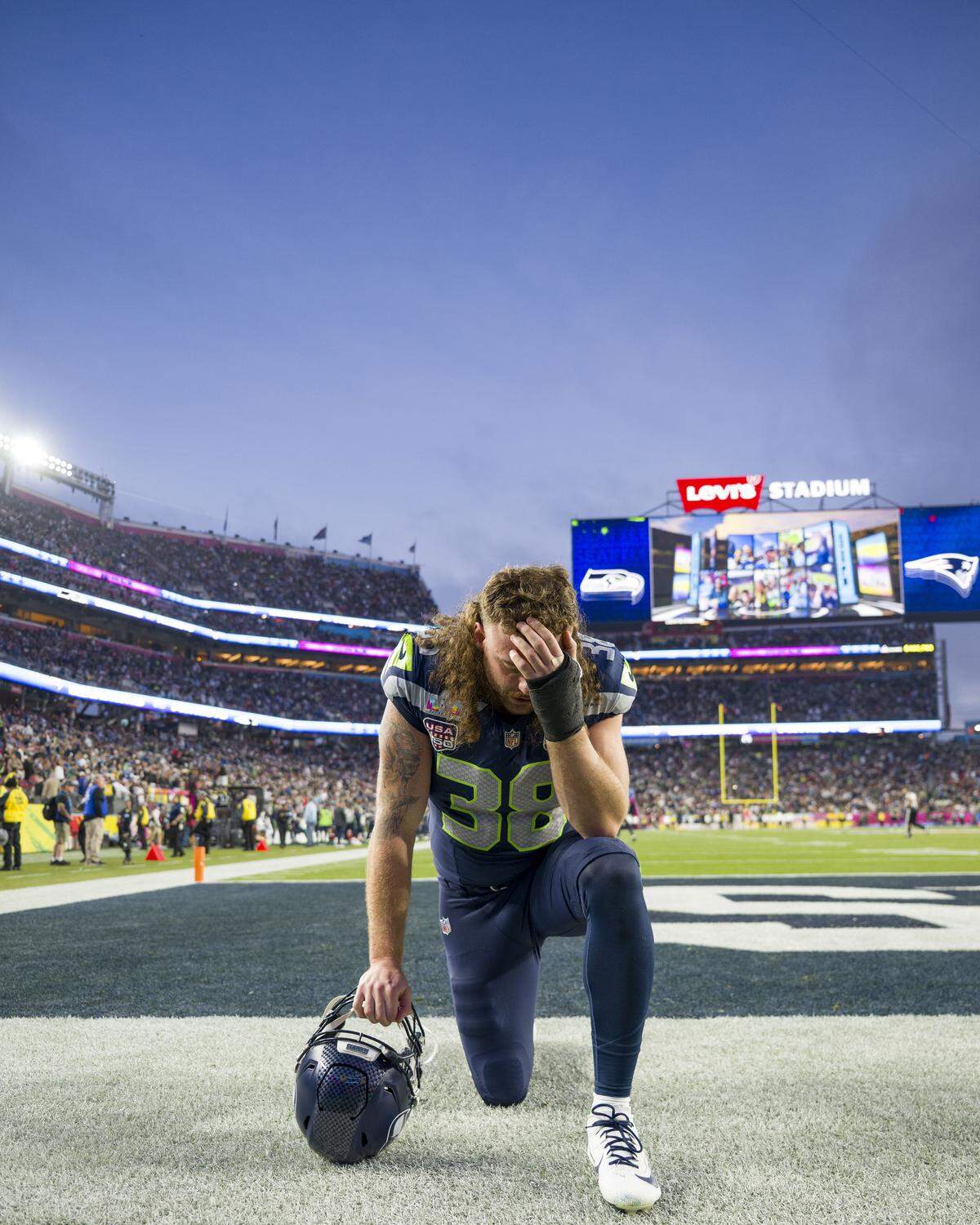 Seattle Seahawks fullback Brady Russell (38) takes a moment before the start of the third quarter of Super Bowl LX at Levi's Stadium on Feb. 8, 2026 in Santa Clara, Calif.