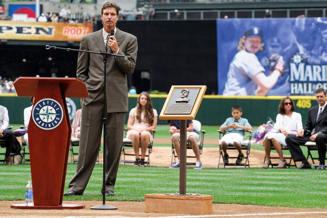 Jul 28, 2012; Seattle, WA, USA; Seattle Mariners former starting pitcher Randy Johnson talks to the fans during a ceremony in which Johnson is inducted into the Seattle Mariners hall of fame prior to the game between the Seattle Mariners and the Kansas City Royals at Safeco Field. Mandatory Credit: Steven Bisig-USA TODAY Sports