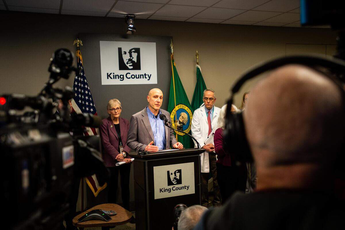 Dr. Jeff Duchin, health officer with Public Health - Seattle and King County, speaks during a press conference at the King County Chinook building in Seattle, Wash., on Saturday, Feb. 29, 2020. Washington state health officials said Saturday that one person has died from the coronavirus in the state, the first reported death in the United States from the disease. Officials said the victim was a woman in her late 50s.