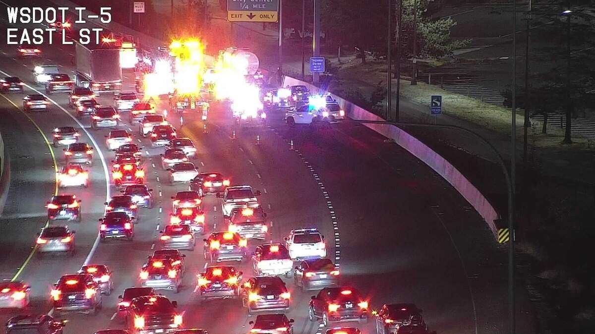 A crash on southbound I-5 near the Tacoma Dome is causing traffic backups on Oct. 14, 2025.