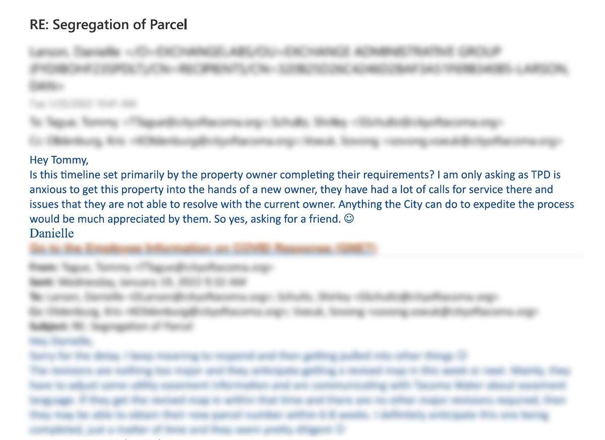 In an email sent Jan. 25, 2022, Tacoma Tax and License Manager Danielle Larson seeks an update from city Land Use Planner Tommy Tague on the Econo Lodge’s efforts to split a parcel in preparation for a then-forthcoming sale.