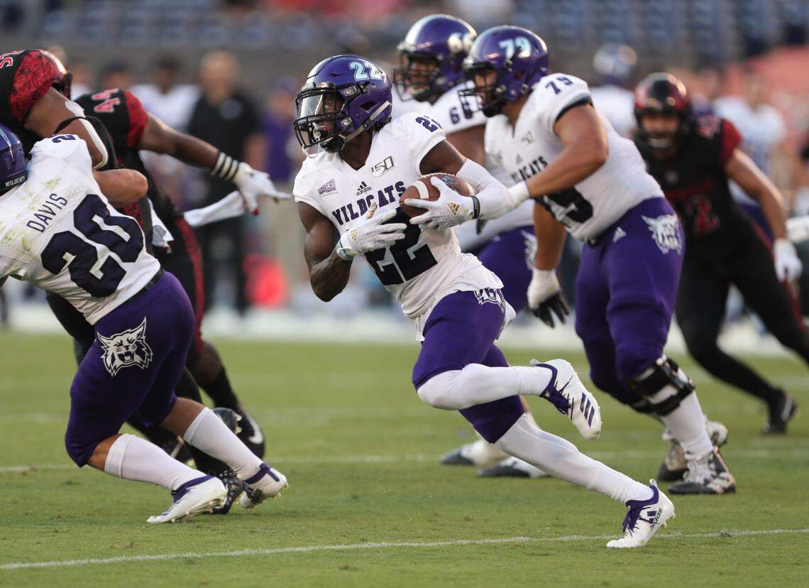 SAN DIEGO, CALIFORNIA - AUGUST 31: Rashid Shaheed #22 of the Weber State Wildcats runs with the ball against the San Diego State Aztecs in the first half at Qualcomm Stadium on August 31, 2019 in San Diego, California. (Photo by Kent Horner/Getty Images)
