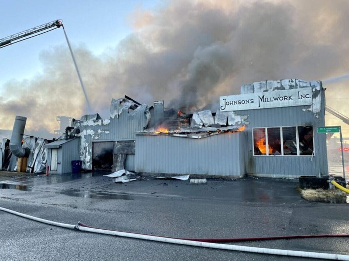 Fire destroyed Johnson’s Millwork in Tacoma’s Nalley Valley. The blaze broke out Sunday, July 13, 2025.