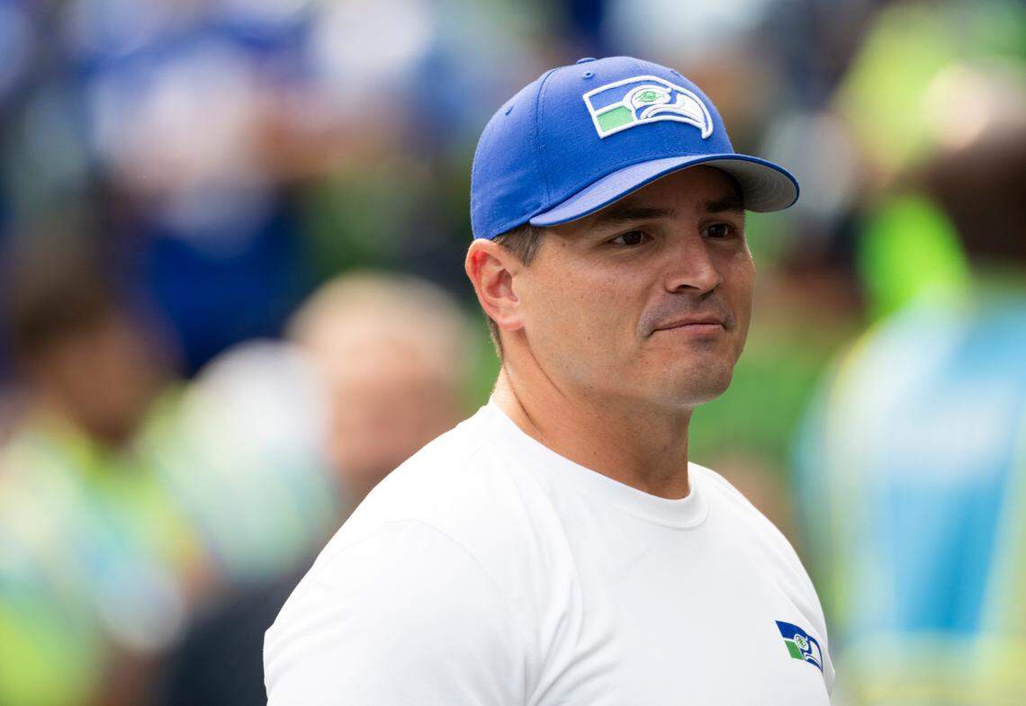 Seahawks head coach Mike Macdonald greets fans before the game between the Seattle Seahawks and the Denver Broncos at Lumen Field, on Sunday, Sept. 8, 2024, in Seattle, Wash.