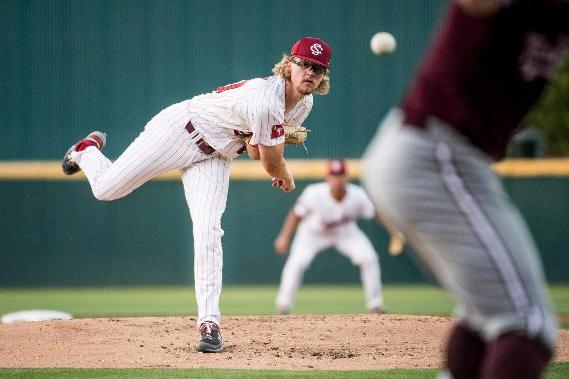 South Carolina pitcher Reid Morgan delivers to a batter during an NCAA college baseball game, Thursday, April 18, 2019, in Columbia, S.C.