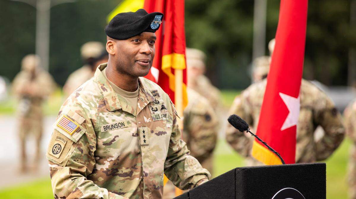 Lt. Gen. Xavier T. Brunson provides remarks during an assumption of command ceremony at Joint Base Lewis-McChord on Wednesday. Following a promotion, Brunson assumed command of America’s First Corps and JBLM.