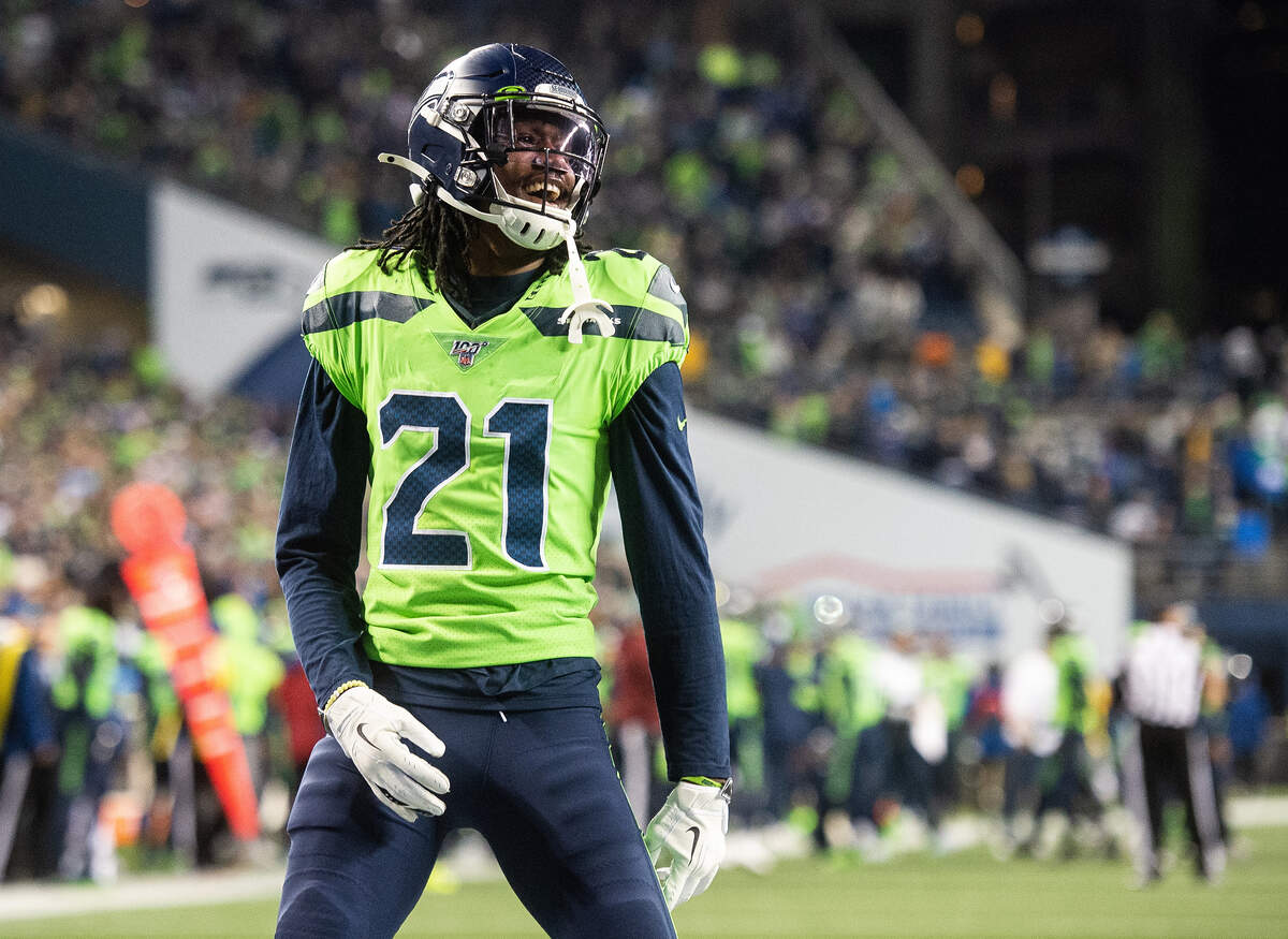 Seattle Seahawks cornerback Tre Flowers (21) celebrates as the game ends. The Seattle Seahawks played the Minnesota Vikings in a NFL football game at CenturyLink Field in Seattle, Wash., on Monday, Dec. 2, 2019.