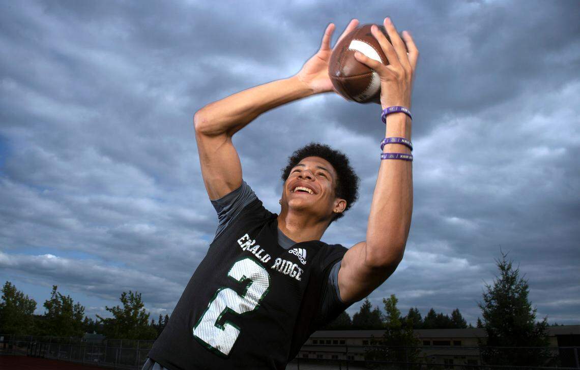 Emerald Ridge wide receiver Denzel Boston has committed to the University of Washington after his 2021 senior season. He is shown before football practice at Emerald Ridge High School in Puyallup, Washington, on Thursday, Aug. 19, 2021.