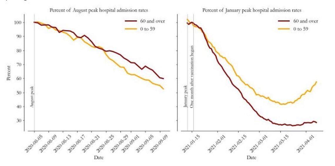 Two charts distributed last week by the State Department of Health showed the hospitalization rates for those 60 and over and those younger after August and January peaks, illustrating the effects of the COVID-19 vaccines.